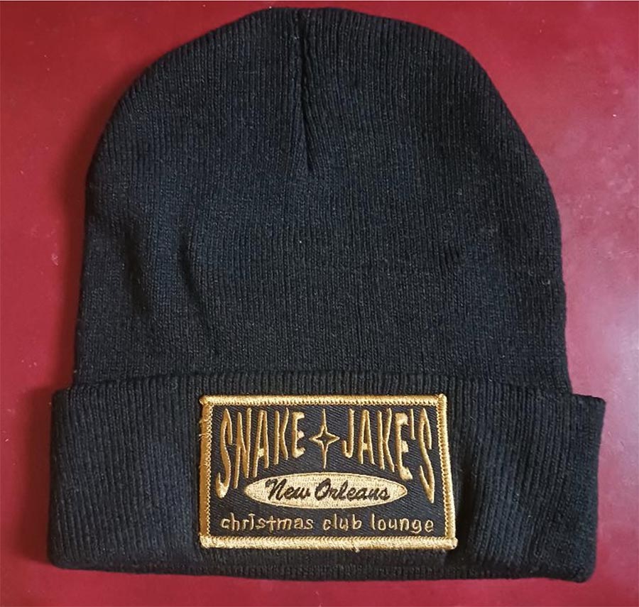 SNAKE & JAKE'S CHRISTMAS CLUB LOUNGE BLACK CUFFED BEANIE WITH GOLD PATCH
