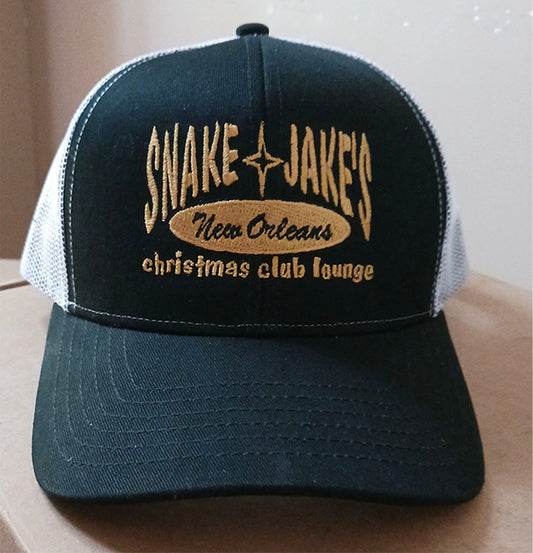 SNAKE & JAKE'S TRUCKER CAP BLACK W/WHITE MESH & RICH GOLD EMBROIDERY