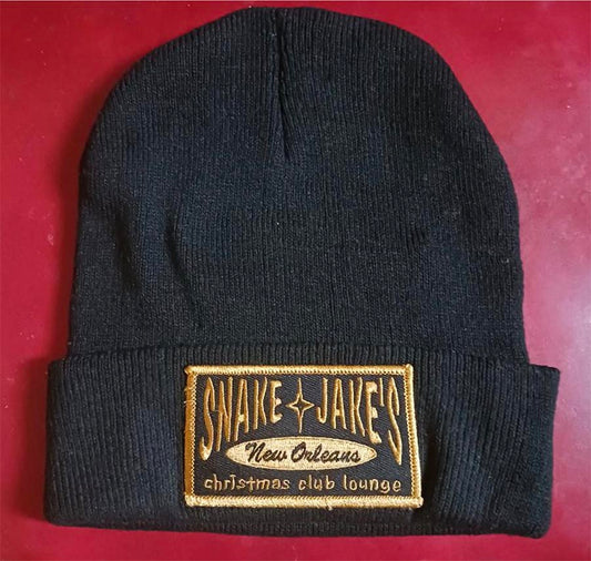 SNAKE & JAKE'S CHRISTMAS CLUB LOUNGE BLACK CUFFED BEANIE WITH GOLD PATCH