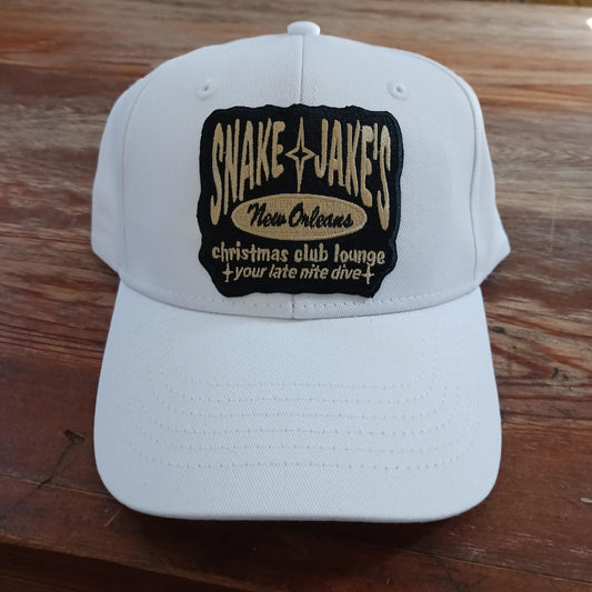 SNAKE & JAKE'S WHITE CAP W/BLACK & GOLD LOGO PATCH